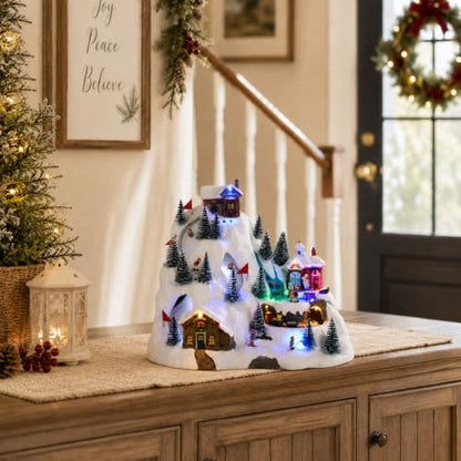 Animated Christmas Village Ski Mountain with Moving Train & Skaters - Holiday Decor