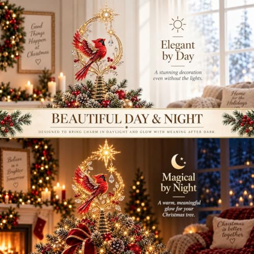 Christmas Tree Topper with Cardinal Design and Lighted Glow - 1pc