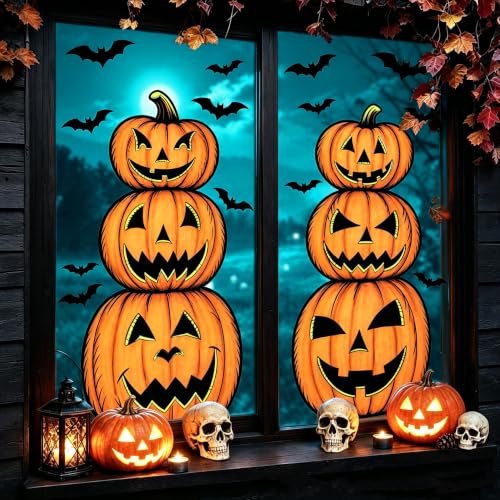 Halloween Window Clings Set - Extra Large Spooky Pumpkin and Bat Designs