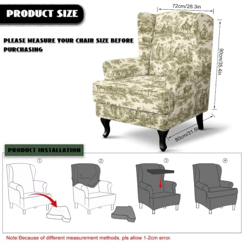 Vintage Toile De Jouy Wingback Chair Cover - Dustproof Slipcover with Elastic Bottom, Pet Safe