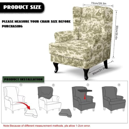 Vintage Toile De Jouy Wingback Chair Cover - Dustproof Slipcover with Elastic Bottom, Pet Safe