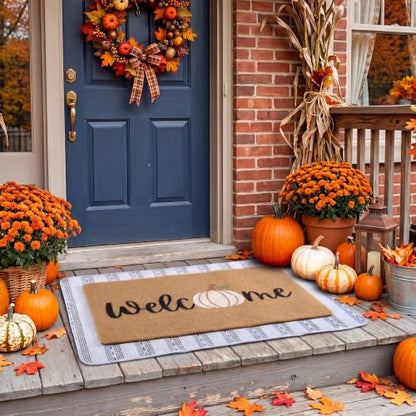 Fall Welcome Doormat Set with Pumpkin & Striped Runner, Outdoor Indoor Decor