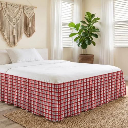 King Size Bed Skirt 16 Inch Drop Adjustable Elastic Dust Ruffle Wrap Around Bedskirt - Red Crimson Ruby & White