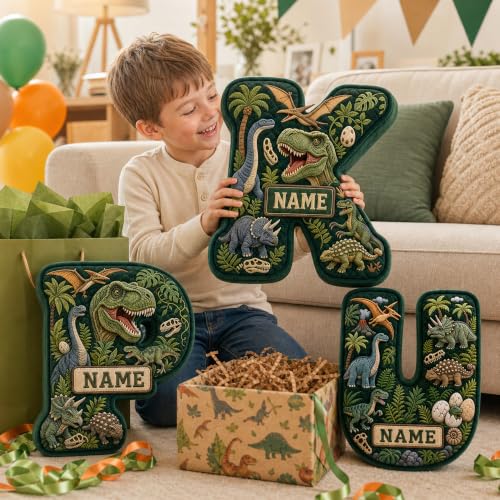 Personalized Dinosaur Letter Pillow - Plush Name Cushion for Kids & Decor