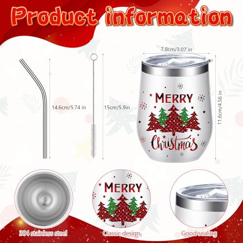 Ziliny Christmas Wine Tumbler Set with Lid & Straws - Plaid Style, 6 Pieces