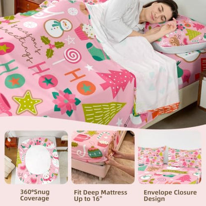 Pink Christmas Bed Sheets Set Twin with Santa Snowman Deer & Tree Design - Variation of Multi 43 / Twin