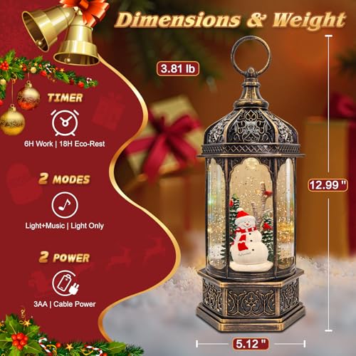 Snowman Snow Globe with Red Cardinal - Musical LED Christmas Decor, 12.99 Inch