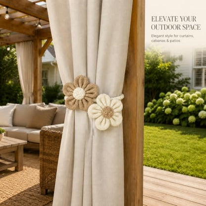 Boho Flower Curtain Tiebacks - Flexible Wire Drapery Holdbacks, No Drill Mounting - Set of 4
