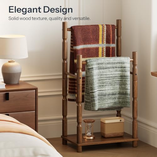 Walnut 2-Tier Freestanding Towel Rack Stand with Wood Legs and Bars