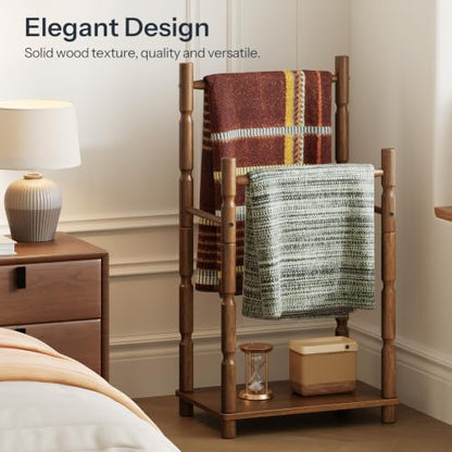 Walnut 2-Tier Freestanding Towel Rack Stand with Wood Legs and Bars