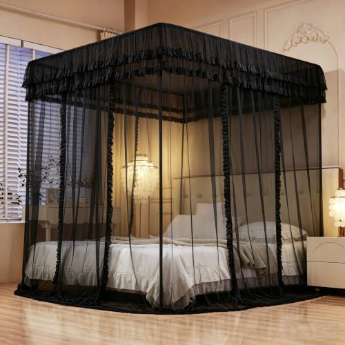 Black Queen Bed Canopy with Mosquito Netting - 4 Corners Post Drapes for Bedroom Decor