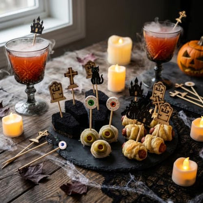 Black Halloween Cocktail Picks 100pcs Eyeball Tombstone Castle Design Party Toothpicks