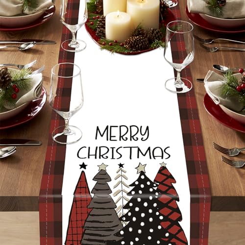 Christmas Table Runner 13 x 90 Inches with Red Christmas Tree Pattern - Burlap Linen Decor