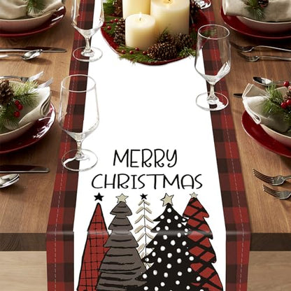 Christmas Table Runner 13 x 90 Inches with Red Christmas Tree Pattern - Burlap Linen Decor