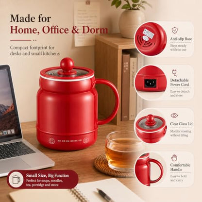 Red Multi-Function Portable Electric Stewing Cup 6-in-1 Cooker 27oz