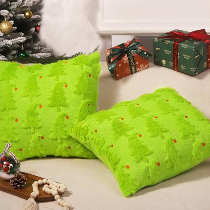 Green Christmas Pillow Covers Set of 2 - 18x18 Faux Fur Decor with Red Ball Embroidery - Variation Green2