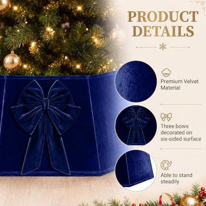 Navy Blue Velvet Hexagonal Christmas Tree Collar with Bow 24 Inch - Skylety