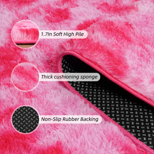 Tie-Dyed Hot Pink Runner Rug 2x6 ft Plush Shag Floor Mat for Hallway