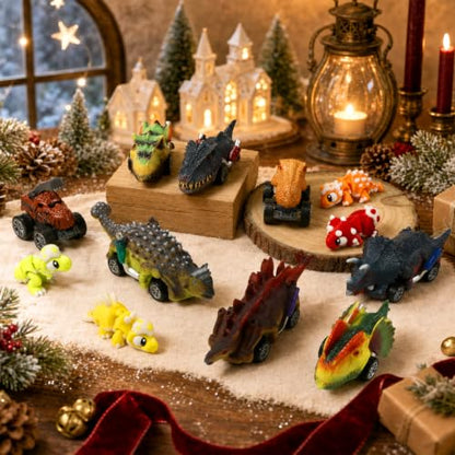 Christmas Dinosaur Advent Calendar with Pull-Back Dino Cars for Kids, 24 Surprises