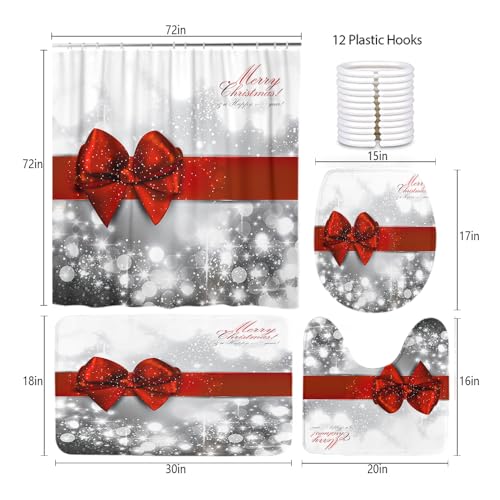 Christmas Bow Bathroom Set with Shower Curtain, Bath Rugs & Accessories - Red