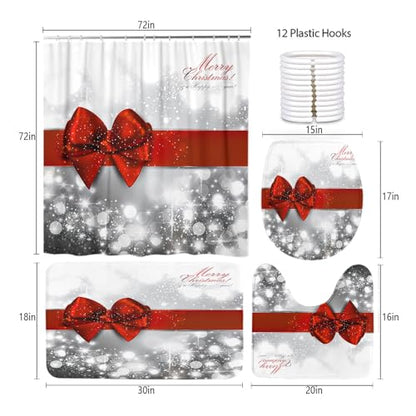 Christmas Bow Bathroom Set with Shower Curtain, Bath Rugs & Accessories - Red