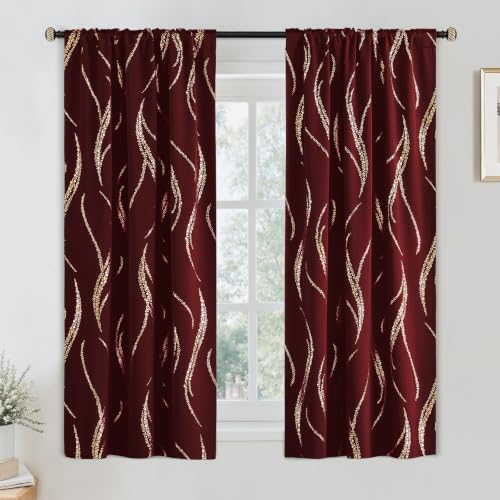 Yakamok Burgundy Gold Wave Line Dots Light Blocking Curtains 38x63 Inches Pair with Back Tab