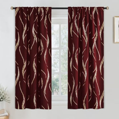 Yakamok Burgundy Gold Wave Line Dots Light Blocking Curtains 38x63 Inches Pair with Back Tab