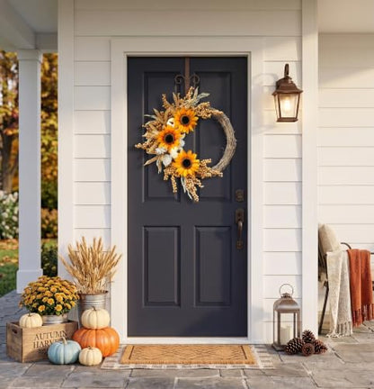 20 Inch Fall Sunflower Wreath with White Pumpkin and Berries for Front Door