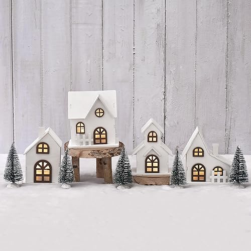 9pcs Christmas Village Set with LED Lighted Houses & Frosted Trees - Winter Holiday Decor