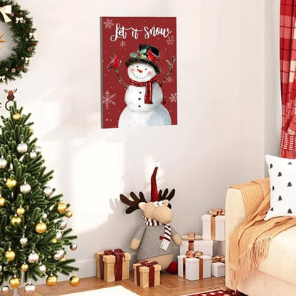 Snowman Christmas Wall Art Let It Snow Red Canvas 24x36 Inches - Holiday Decor