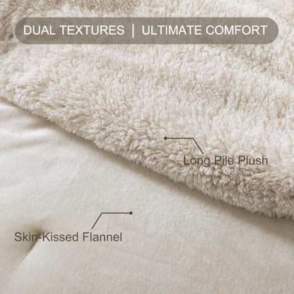 Queen Fleece Comforter Set - Thick Plush Fuzzy Bedding in Oatmeal, Dual-Side Cozy Fabric