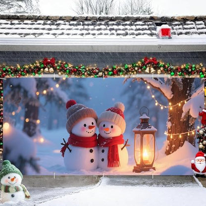 Snowman Lantern Garage Door Banner 16x7 Ft - Winter Snow Scene Decorative Flag - Holiday Outdoor Indoor Seasonal Decor - Variation of THISFIND 89