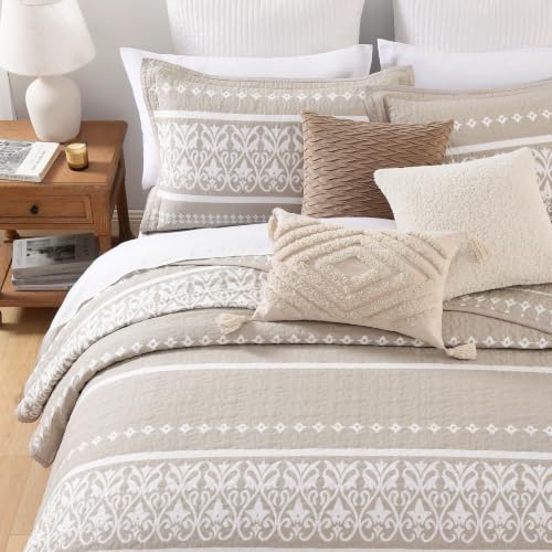Boho Beige Twin Cotton Quilt Bedding Set 3PCS with Pillow Shams
