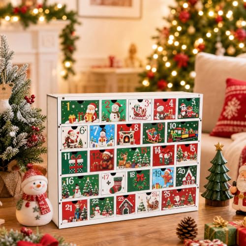 Multicolor Wooden Advent Calendar 2026 with 25 Cartoon Drawers Holiday Decor