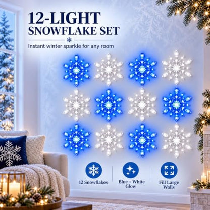 LED Snowflake Wall Decor Set with Remote Control - White, 12 Pieces - Christmas Holiday Lighting
