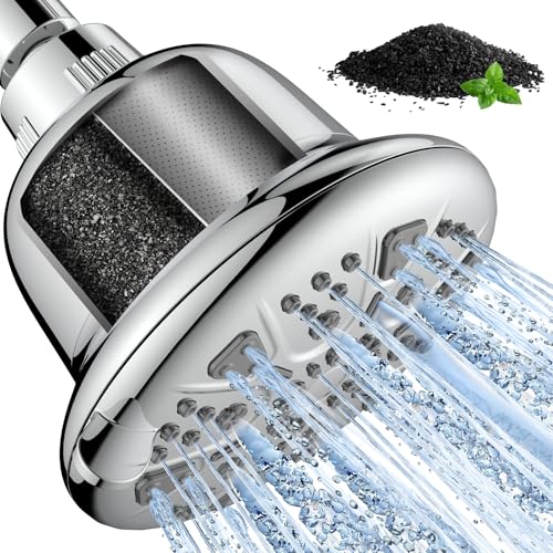 MakeFit Silver Filtered Shower Head with Upgraded Activated Carbon Filter - High Pressure Rain Shower with 7 Settings for Hard Water