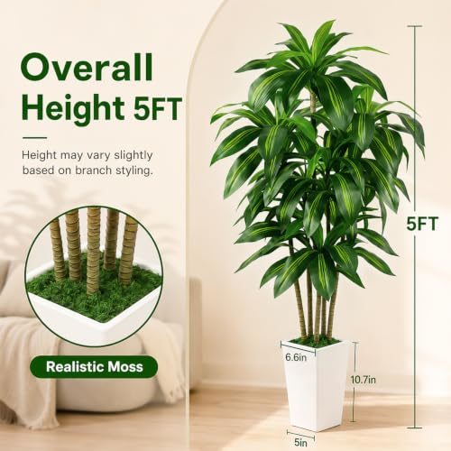 Artificial Dracaena Tree Indoor 5FT with Tall Planter - Realistic Faux Plant