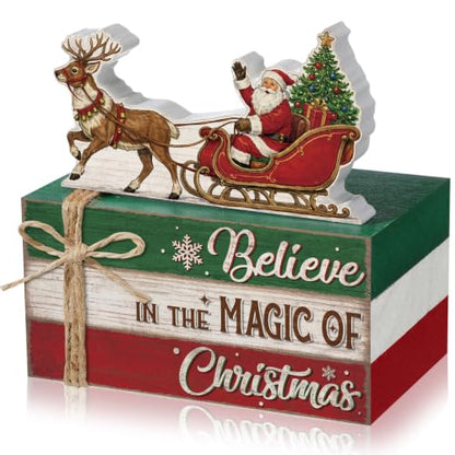 Christmas Santa Sleigh Wooden Book Stack Sign Set - Holiday Table Decor, Rustic Festive Centerpiece - Variation: Santa Sleigh