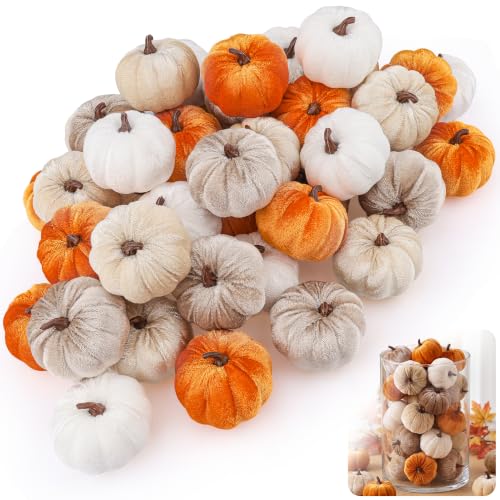 24 Pcs Rustic Fall Velvet Pumpkins Artificial Harvest Decor - Orange, Champagne, White & Khaki