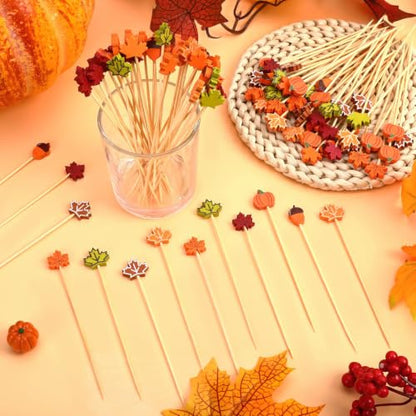 Fall Color Cocktail Picks Set 120 Pcs Leaves Pumpkins Acorns Toothpicks
