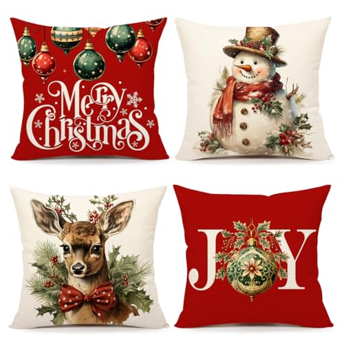 Christmas Pillow Covers Set of 4 20x20 Inches - Red White Farmhouse Holiday Decor Snowman Deer Joy Winter Throw Cushion Cases