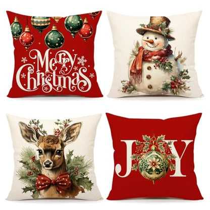 Christmas Pillow Covers Set of 4 20x20 Inches - Red White Farmhouse Holiday Decor Snowman Deer Joy Winter Throw Cushion Cases