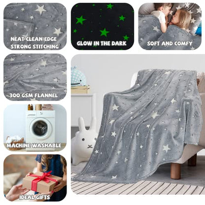 Glow in the Dark Star Space Blanket for Kids - Fluorescent Stars, 50 x 60 inches, Soft Fuzzy Galaxy Throw for Boys and Girls
