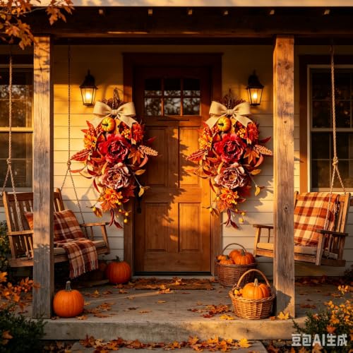 Fall Dahlia 2 Pack 21 Inch Teardrop Wreaths for Front Door Thanksgiving Decor