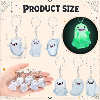 Halloween Ghost Keychains Bulk - Green Glow-in-Dark Set, 24 Pack