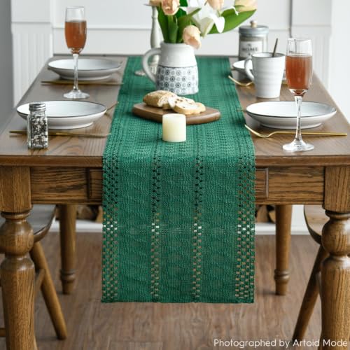 Dark Green Woven Farmhouse Table Runner 12x72 Inch - Durable Home Decor