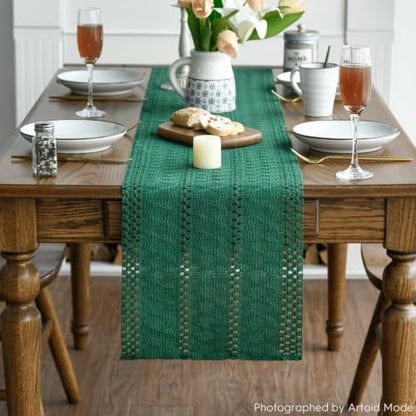 Dark Green Woven Farmhouse Table Runner 12x72 Inch - Durable Home Decor