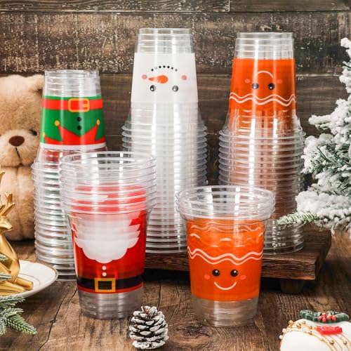 Christmas Disposable Plastic Cups 12oz with Santa Elf Snowman Gingerbread Design 100 Pack
