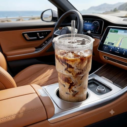 4 Pack 20oz Ribbed Glass Iced Coffee Cups with Lids & Straws - Clear