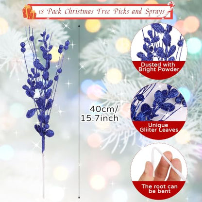 Blue Christmas Glitter Berry Picks - 18 Pack, 15.7 Inch Artificial Stem for Holiday Decor
